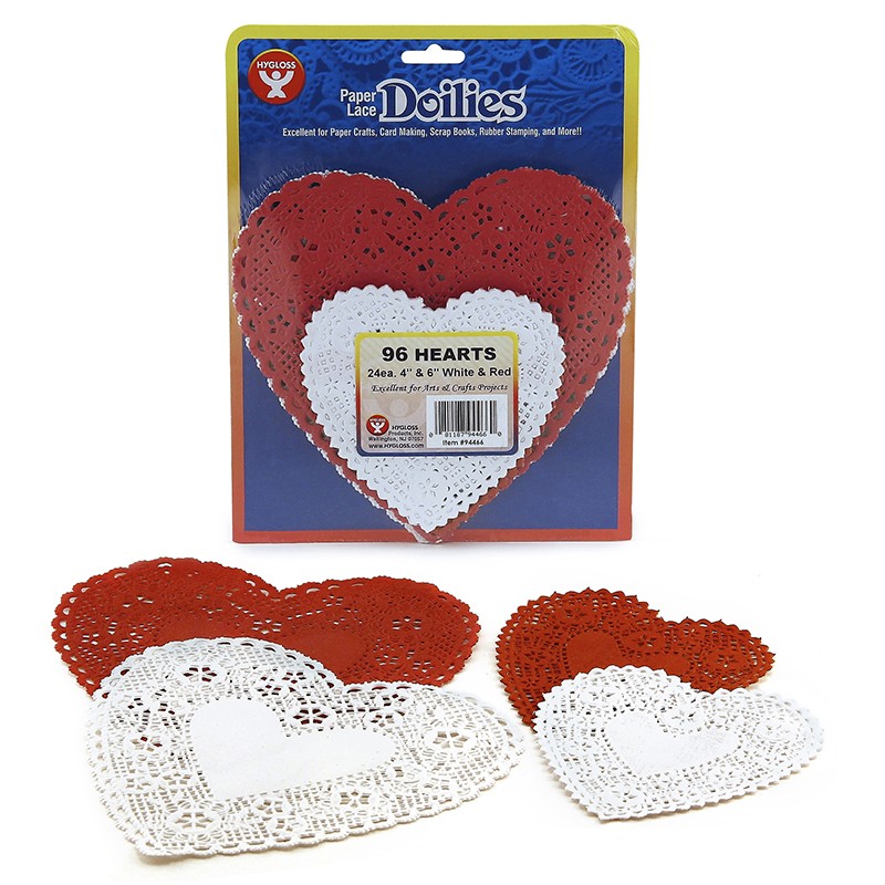 Doilies, White & Red Hearts, 4" & 6", Pack of 96