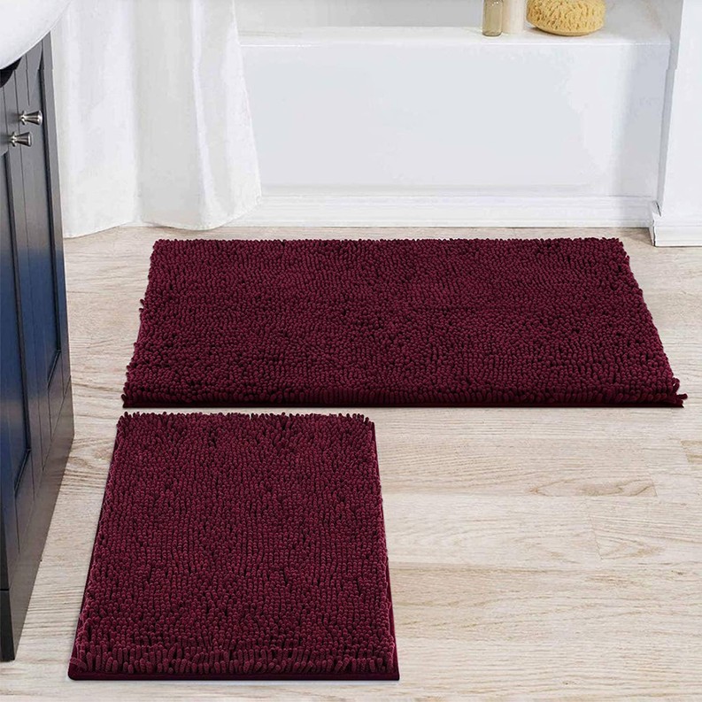 Soft Shag Plush Bathroom Mat Shower Curtain Burgundy