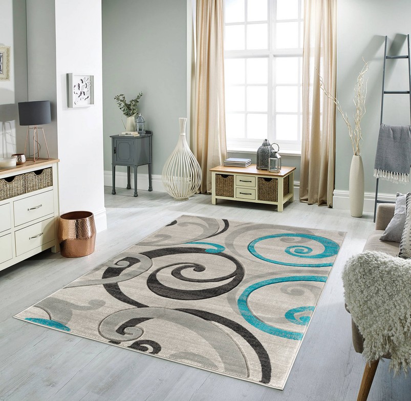 Swirls Hand-Carved Soft Contemporary Rug 3'8" x 5'6"  Turquoise 