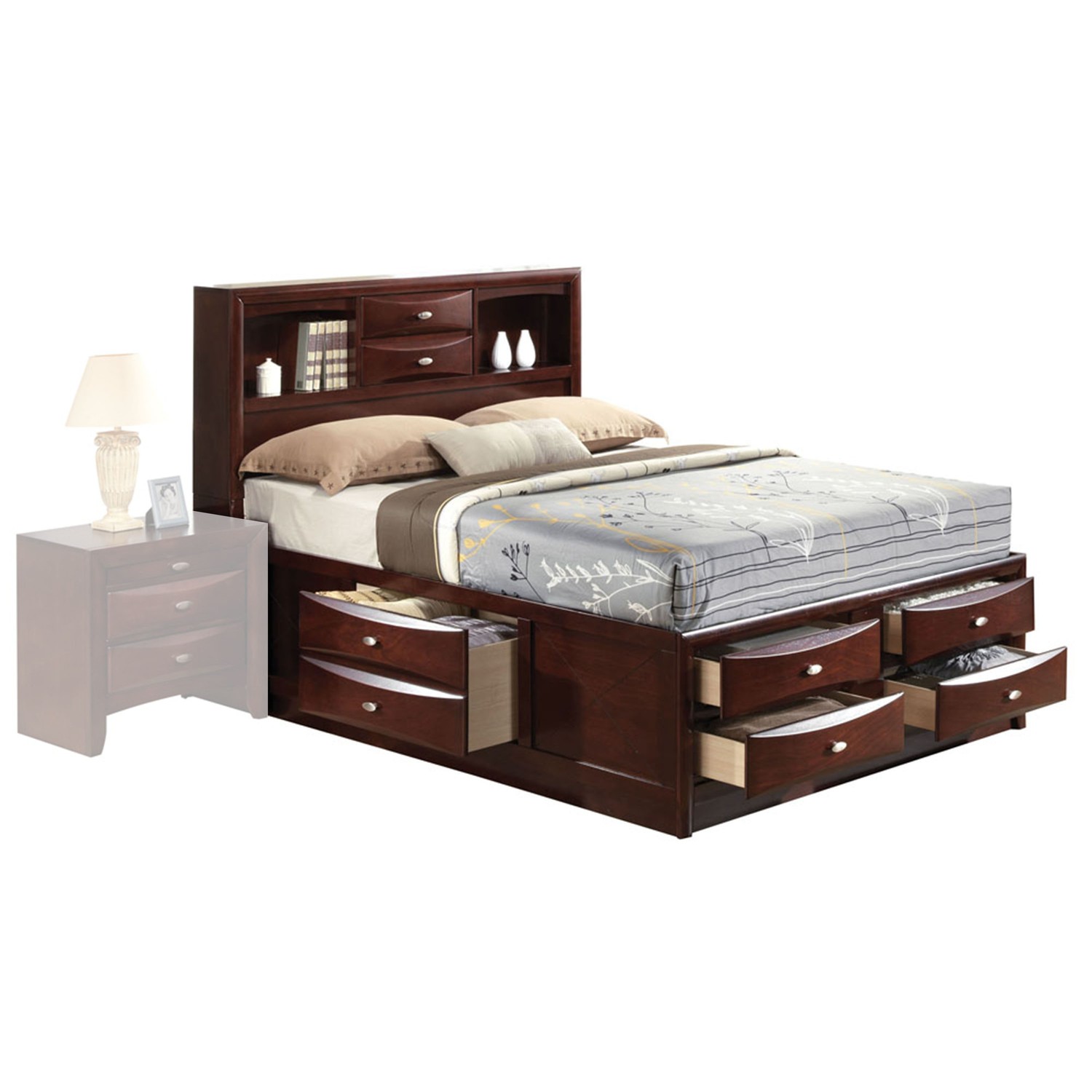 Espresso Multii-Drawer Wood Platform Queen Bed with Pull out Tray