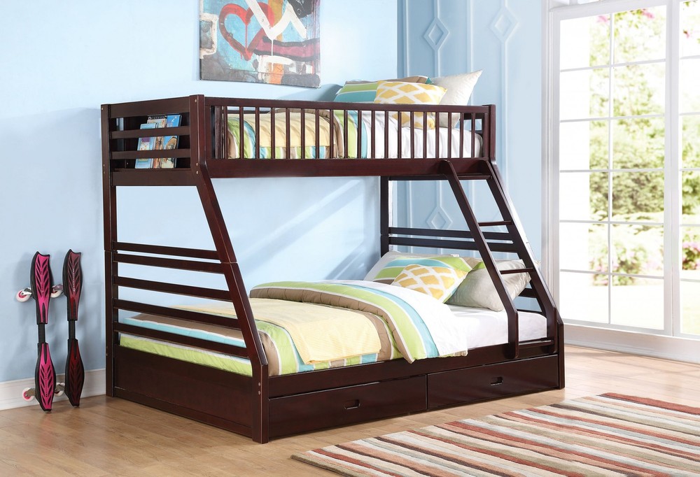 83" X 63" X 65" Espresso Pine Wood Twin XL Over Queen Bunk Bed