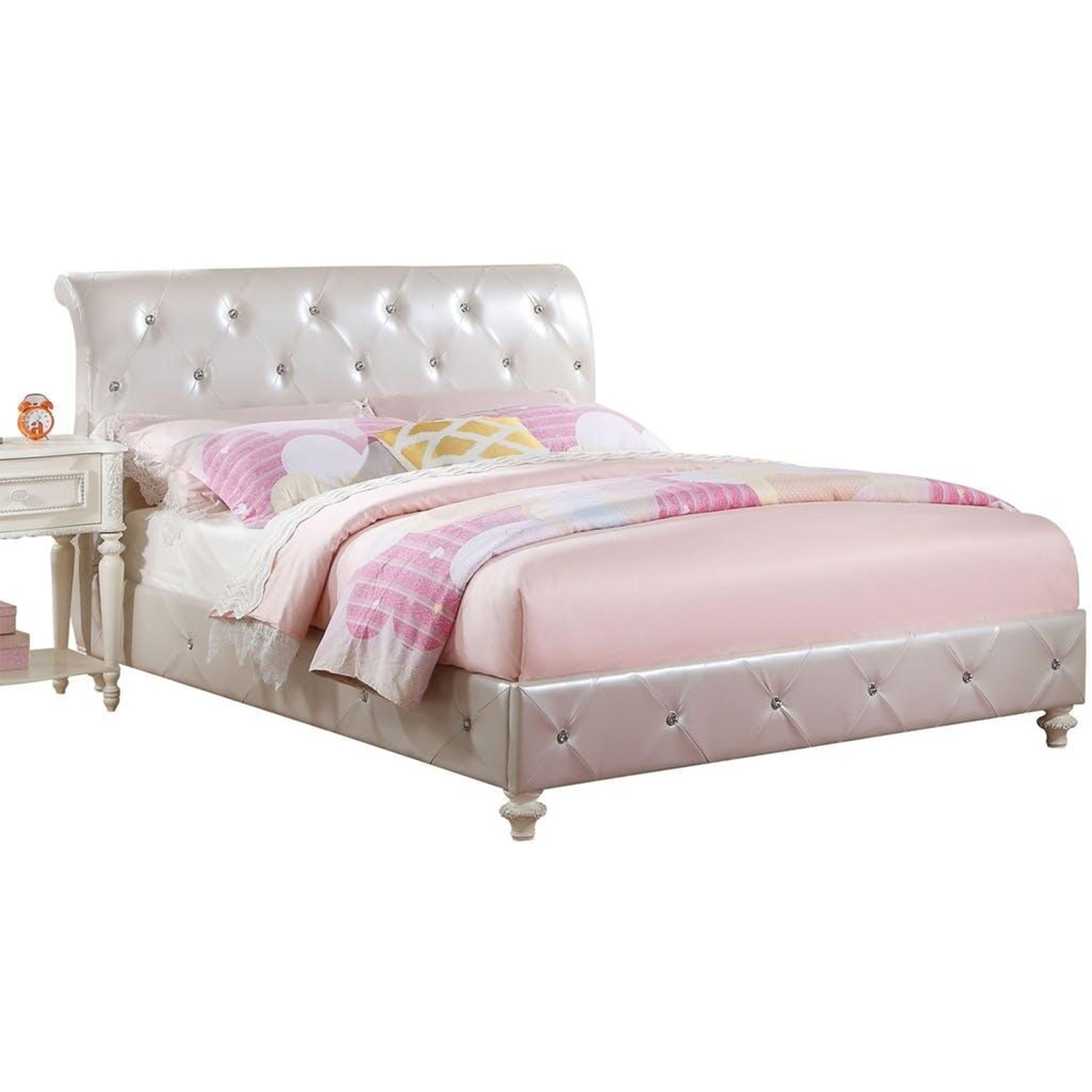 87" X 57" X 44" Pearl White Pu And Ivory Padded Full Bed