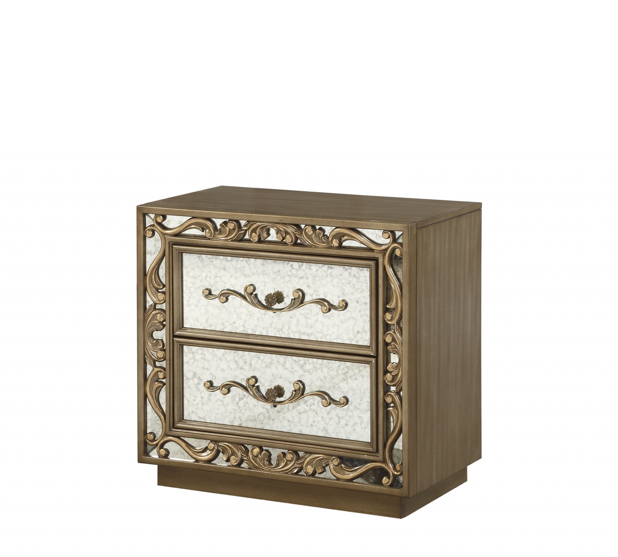 32" X 18" X 28" Antique Gold And Mirrored Poplar Nightstand