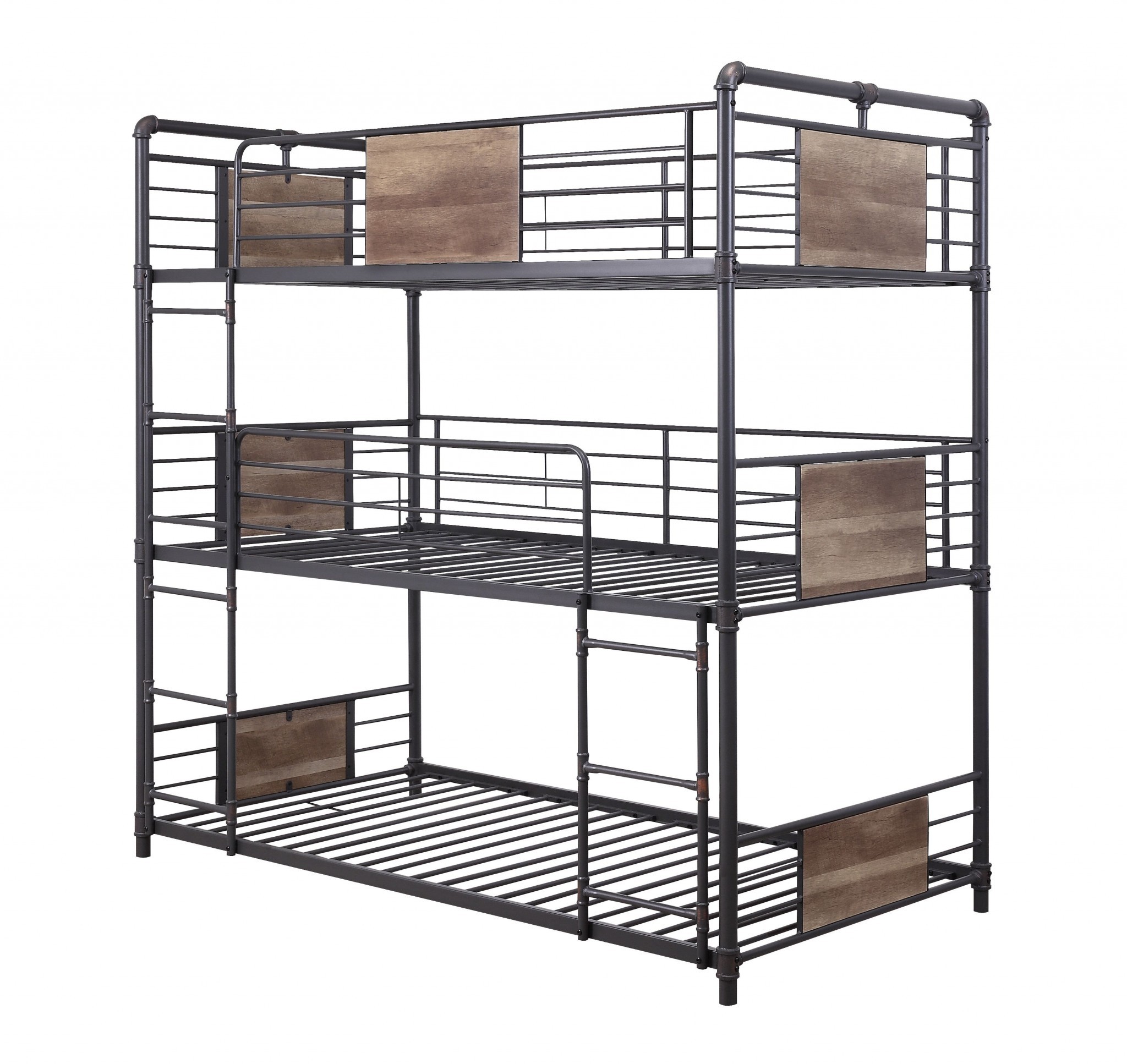 43" X 79" X 79" Sandy Black Dark Bronze HandBrushed Metal Wood Triple Bunk Bed Twin