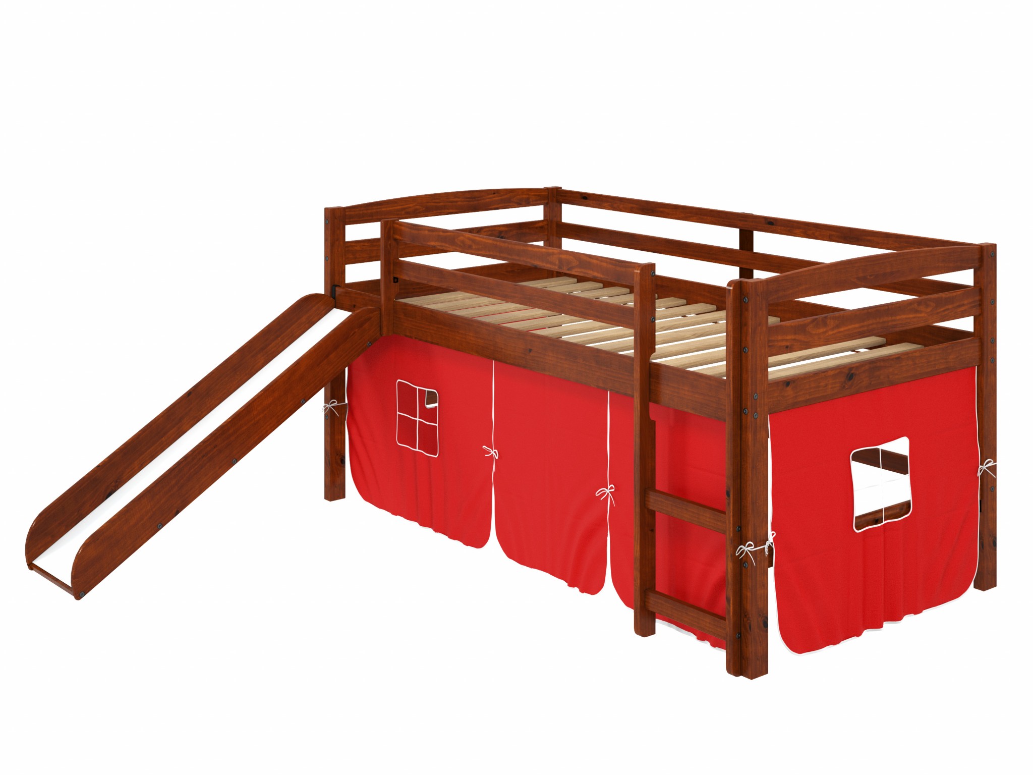 41" X 81" X 46" Chocolate Solid Pine Red Tent Loft Bed with Slide and Ladder