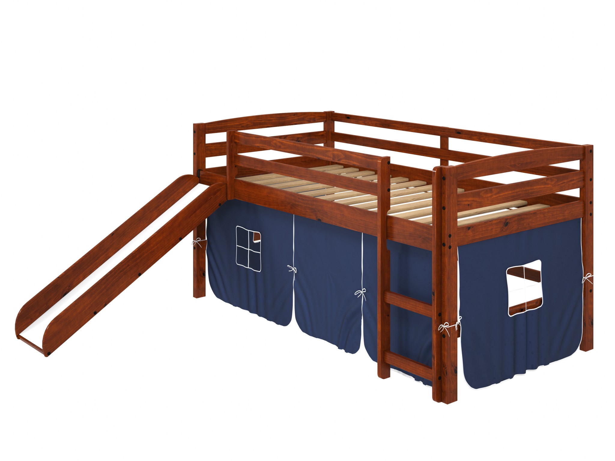 41" X 81" X 46" Chocolate Solid Pine Blue Tent Loft Bed with Slide and Ladder