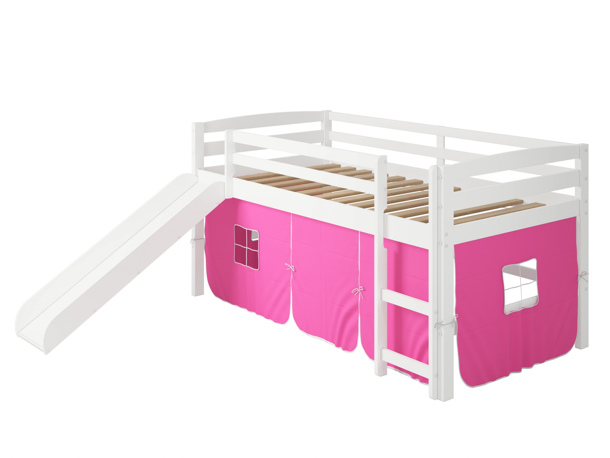 41" X 81" X 46" White Solid Pine Pink Tent Loft Bed with Slide and Ladder