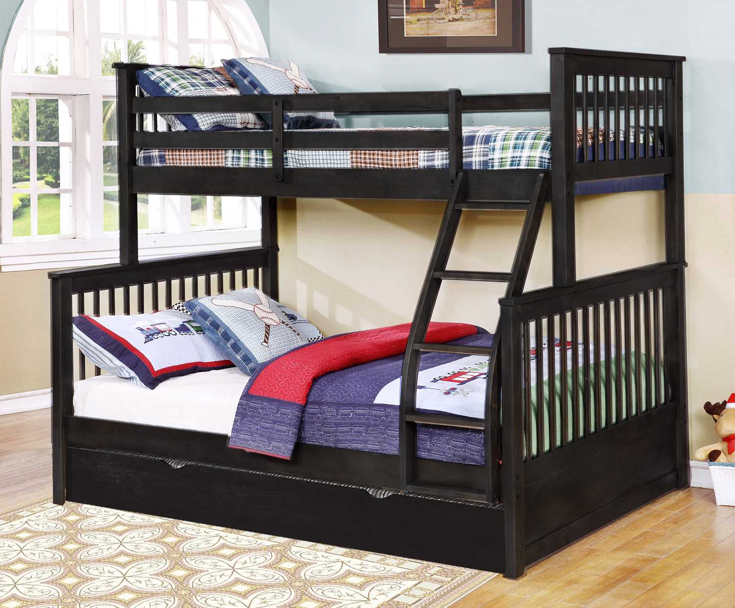 80.5" X 41.5-57.5" X 70.25" Charcoal Manufactured Wood and Solid Wood Twin or Full Bunk Bed with Matching Trundle