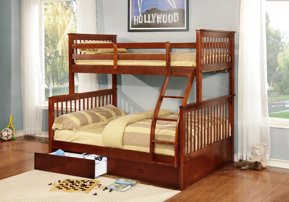 80.5" X 41.5-57.5" X 70.25" Walnut Manufactured Wood and Solid Wood Twin or Full Bunk Bed with 2 Drawers