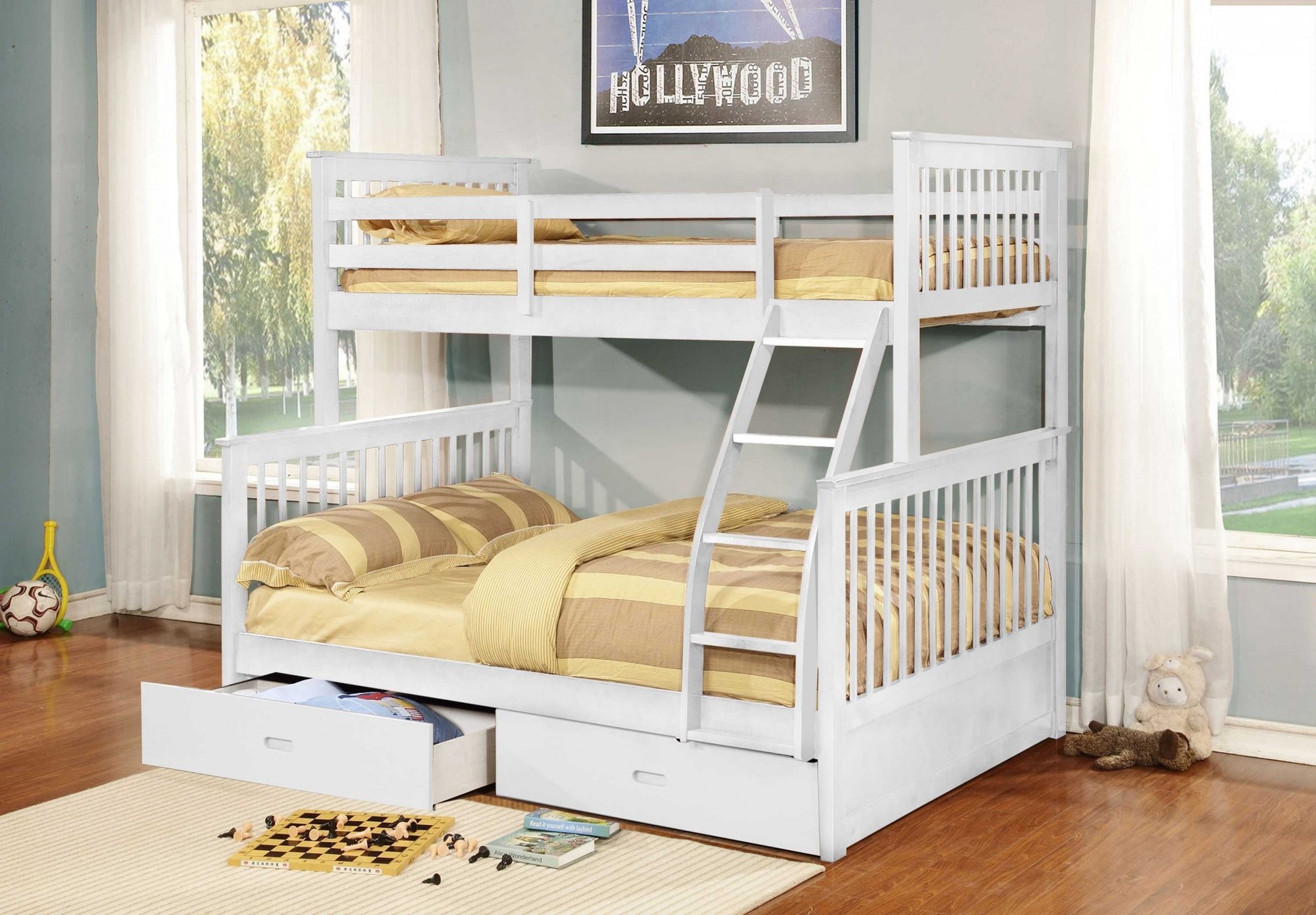 80.5" X 41.5-57.5" X 70.25" White Manufactured Wood and Solid Wood Twin or Full Bunk Bed with 2 Drawers