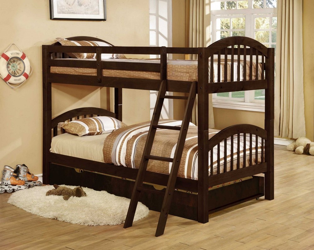 81.25" X 42.5" X 62.5" Brown Solid and Manufactured Wood Twin or Twin Arched Wood Bunk Bed with Trundle