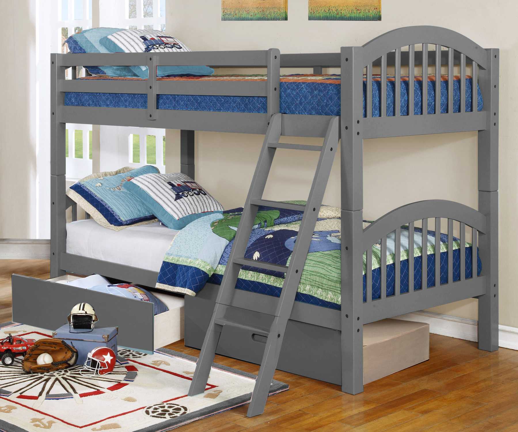 81.25" X 42.5" X 62.5" Grey Solid and Manufactured Wood Twin or Twin Arched Wood Bunk Bed with 2 Drawers