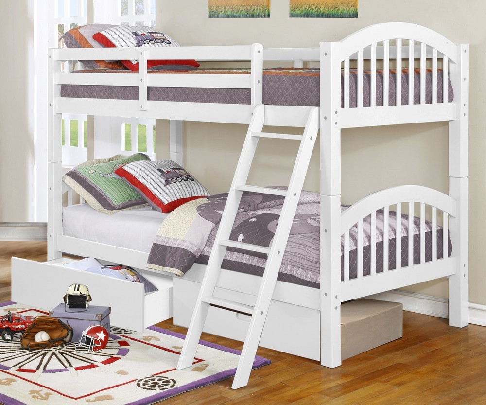 81.25" X 42.5" X 62.5" White Solid and Manufactured Wood Twin or Twin Arched Wood Bunk Bed with 2 Drawers