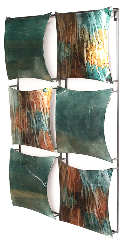 16" X 2" X 25" Turquoise, Copper And Bronze Metal Vertical Panel Wall Decor