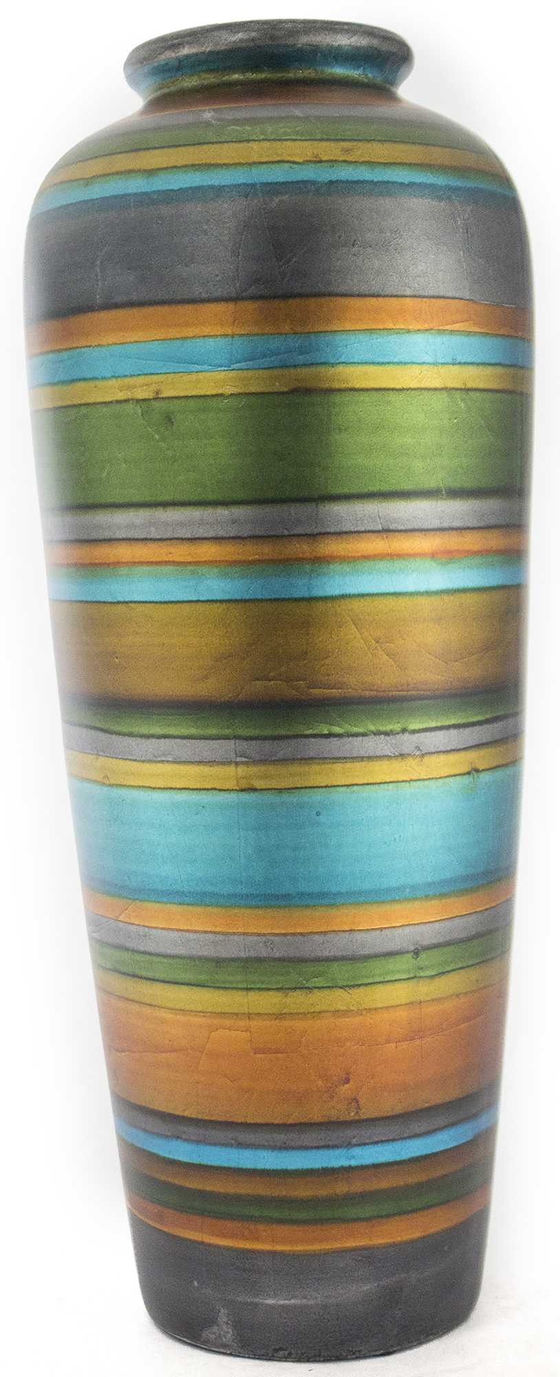 8" X 8" X 20" Blue, Green, Gold, Copper And Pewter Ceramic Water Jug Floor Vase