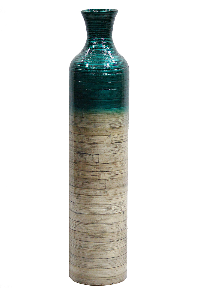 7" X 7" X 32" Metallic Teal & Natural Bamboo Bamboo Spun Bamboo Bottle Vase