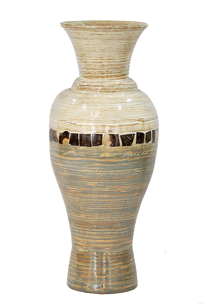 10.6" X 10.6" X 29" White And Gray with Coconut Shell Bamboo Spun Bamboo Floor Vase