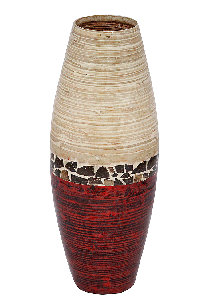 9.45" X 9.45" X 24" Natural Bamboo And Metallic Red with Coconut Shell Bamboo Spun Bamboo Vase