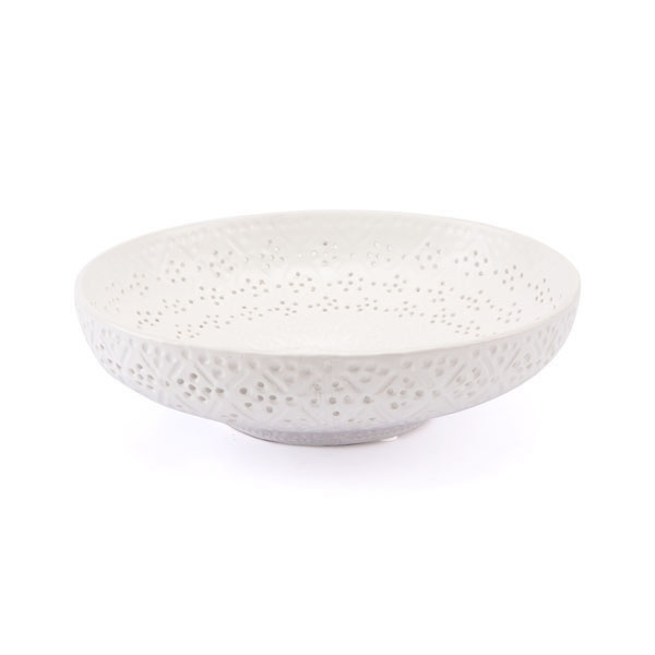 14" X 14" X 3.9" White Deep Bowl With Intricate Details