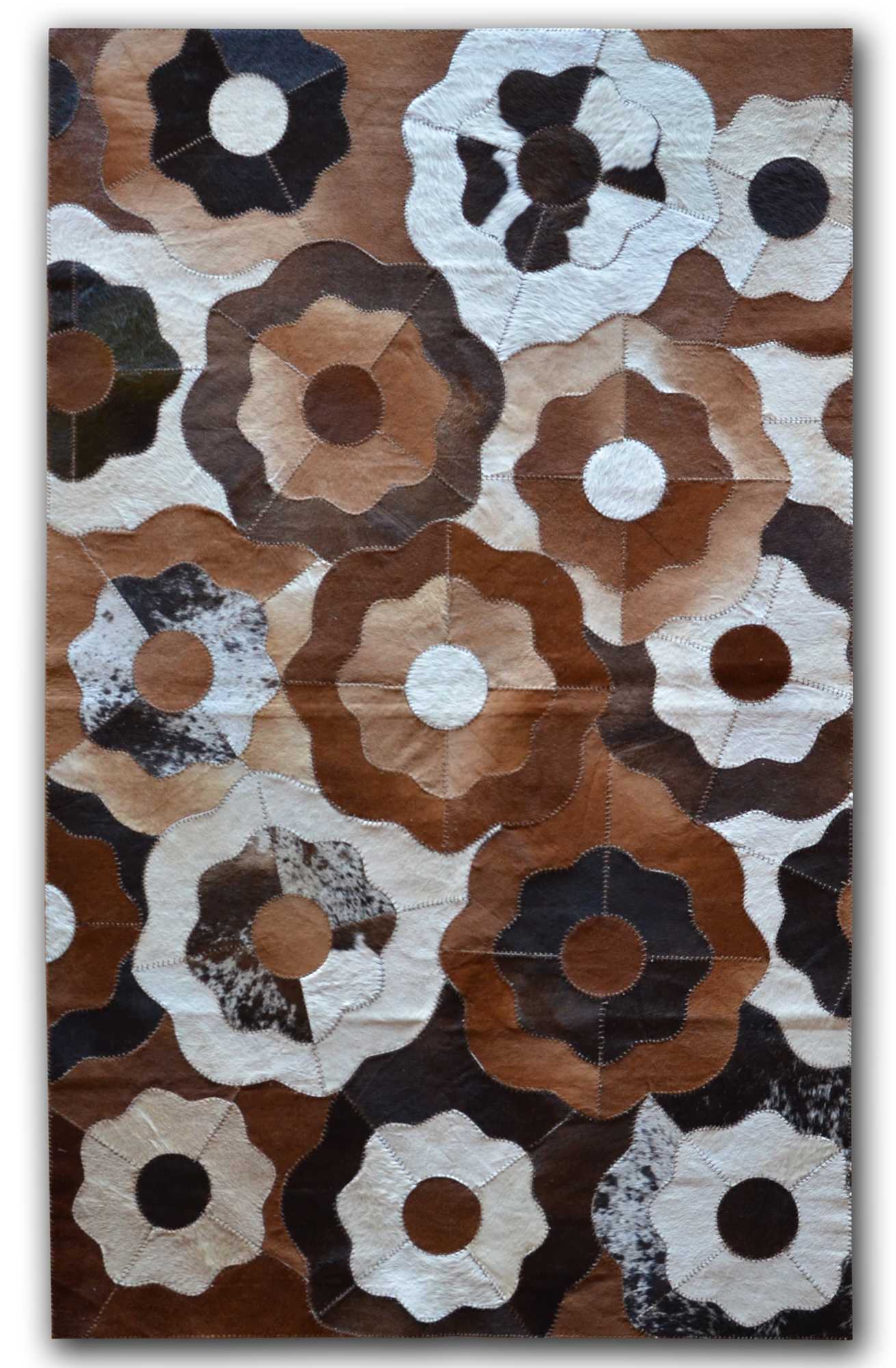 96" x 120" Tricolor, Fiori Natural, Stitched Cowhide - Area Rug