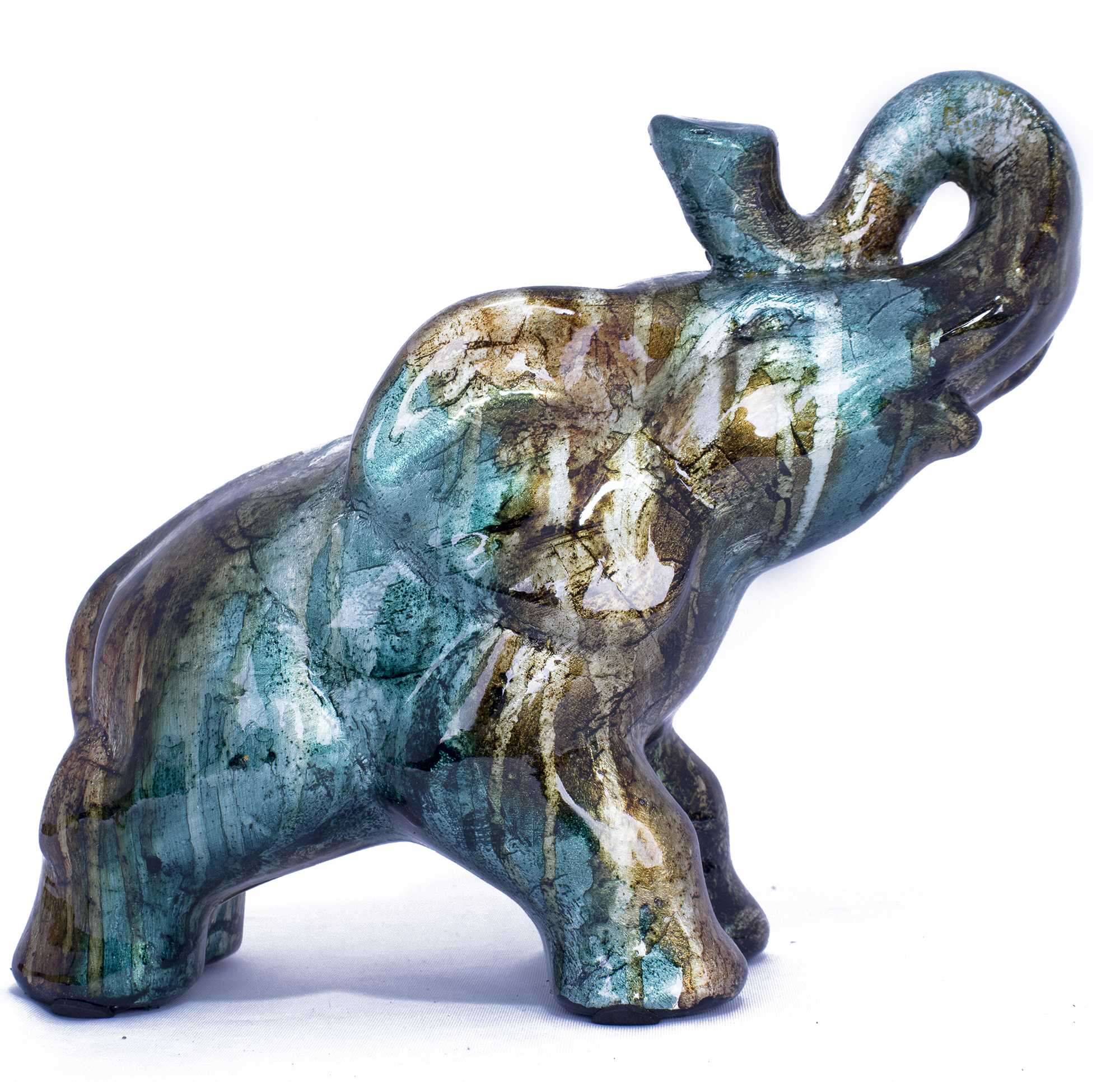 13" X 7" X 12" Turquoise, Copper And Bronze Ceramic Elephhant