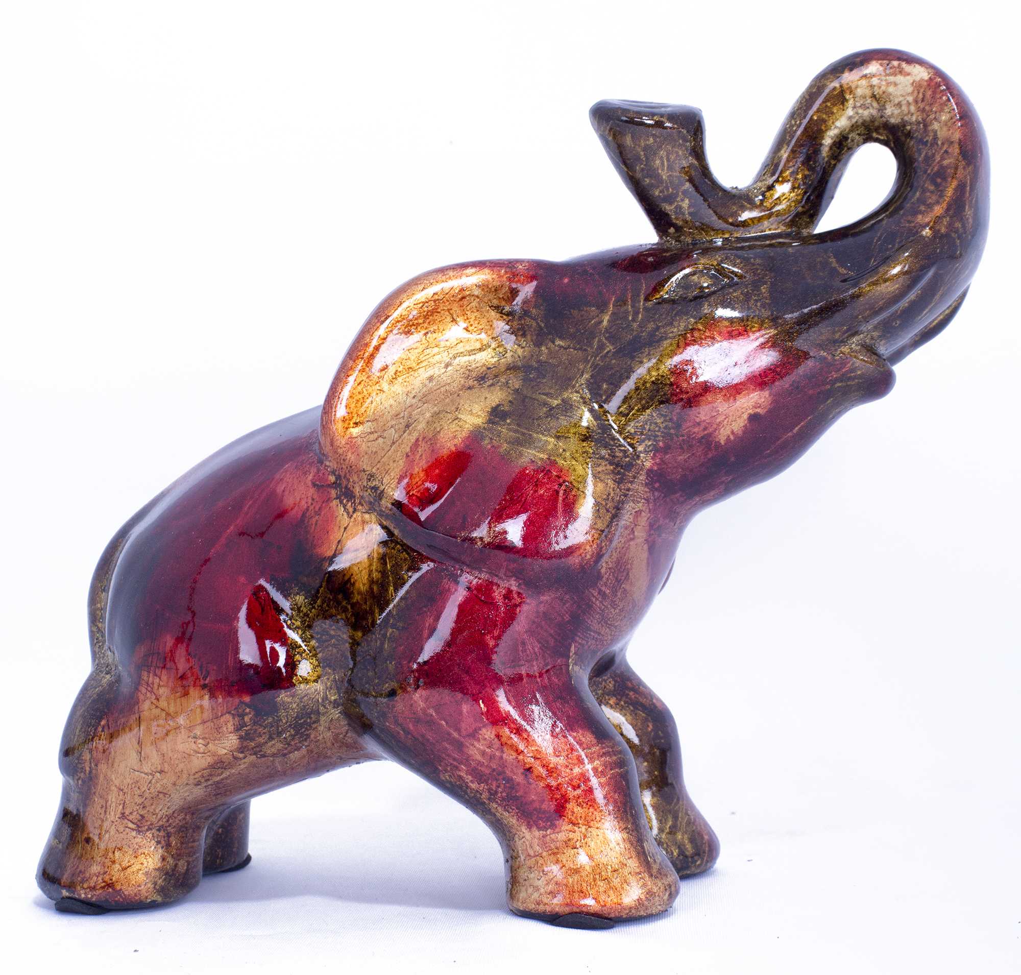 13" X 7" X 12" Copper, Red And Gold Ceramic Elephhant