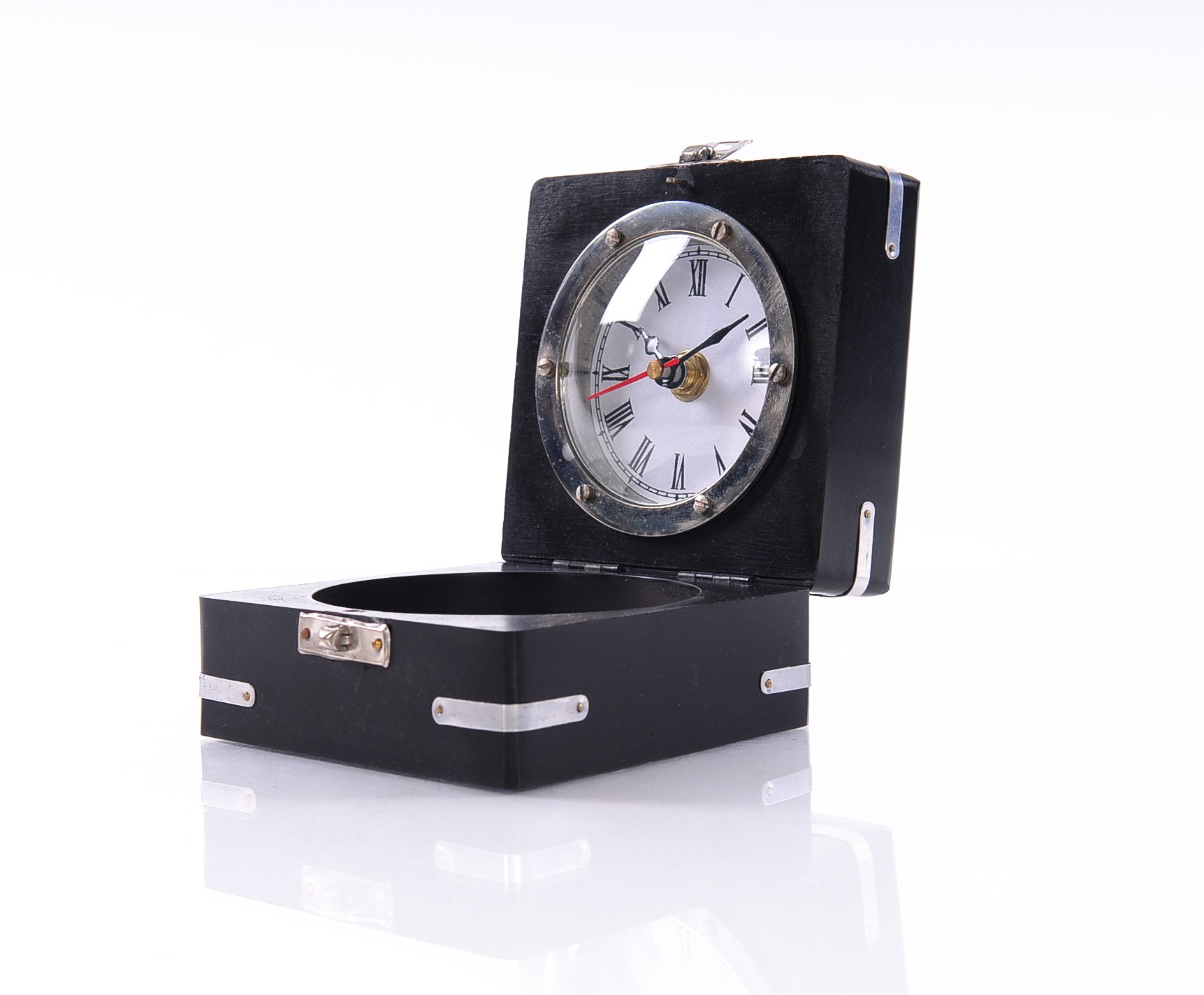 4.25" x 6" x 5.5" Brass Compass & Clock with Wooden Case