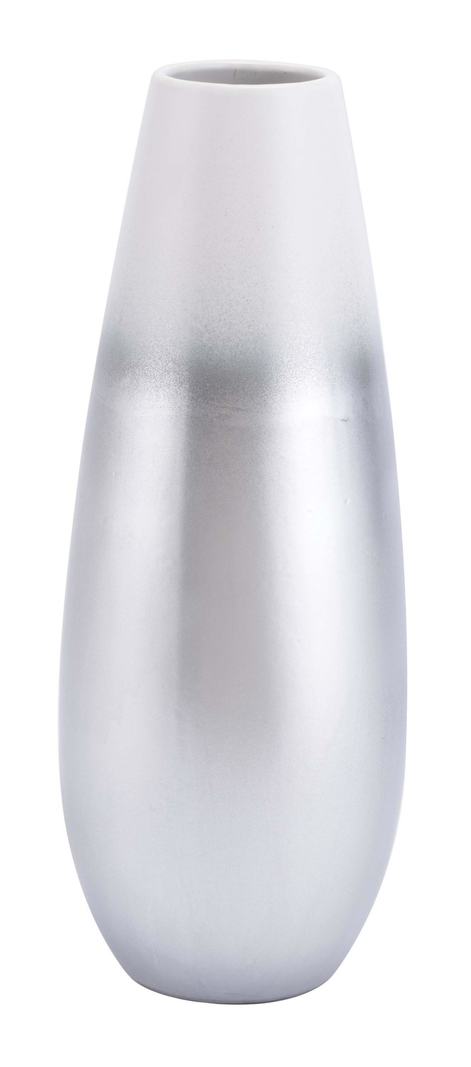 5.9" x 5.9" x 15.6" Silver & White, Ceramic, Medium Vase