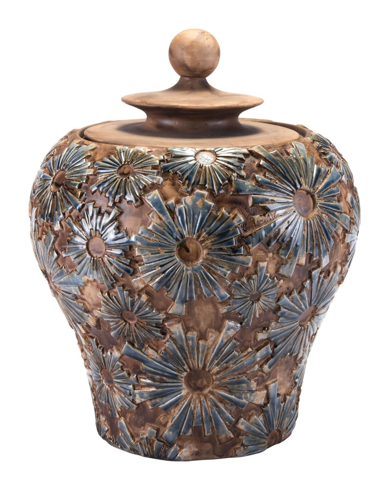 16.3" x 16.3" x 19.3" Brown, Ceramic, Small Temple Jar