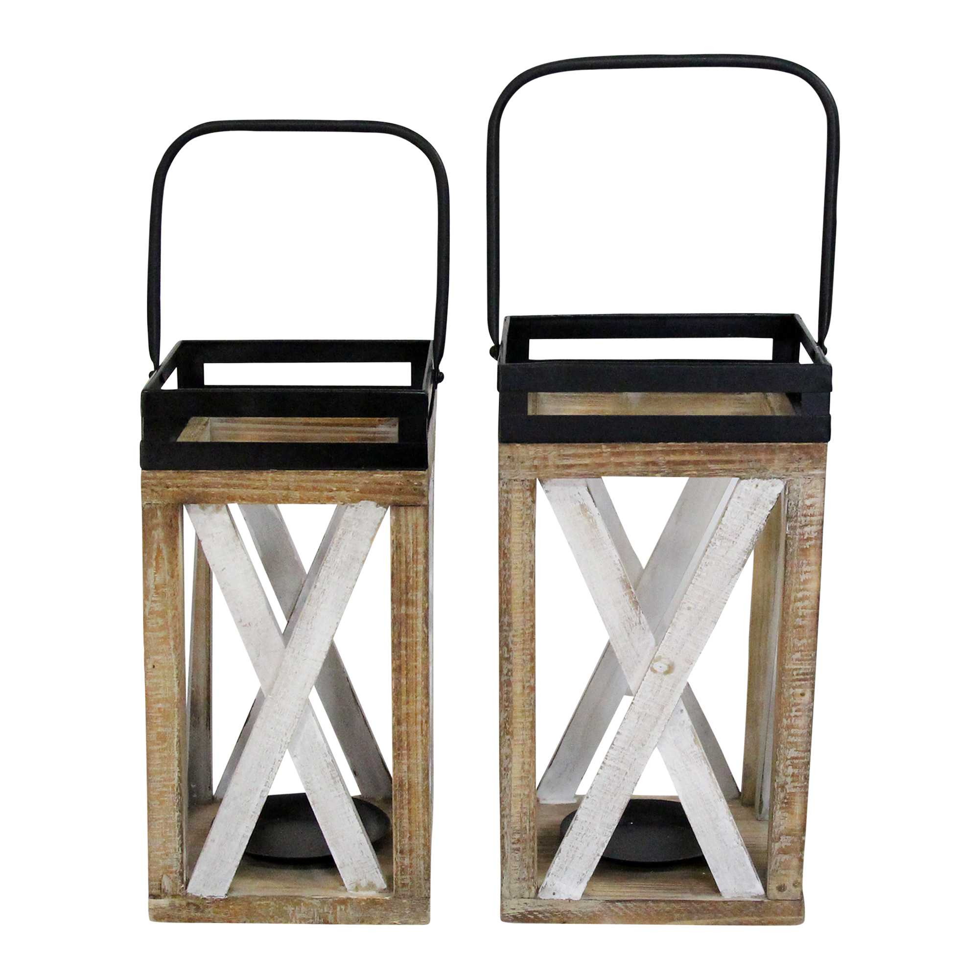 S/2 Whitewash Wood & Metal Lanterns w/ Swivel Handles