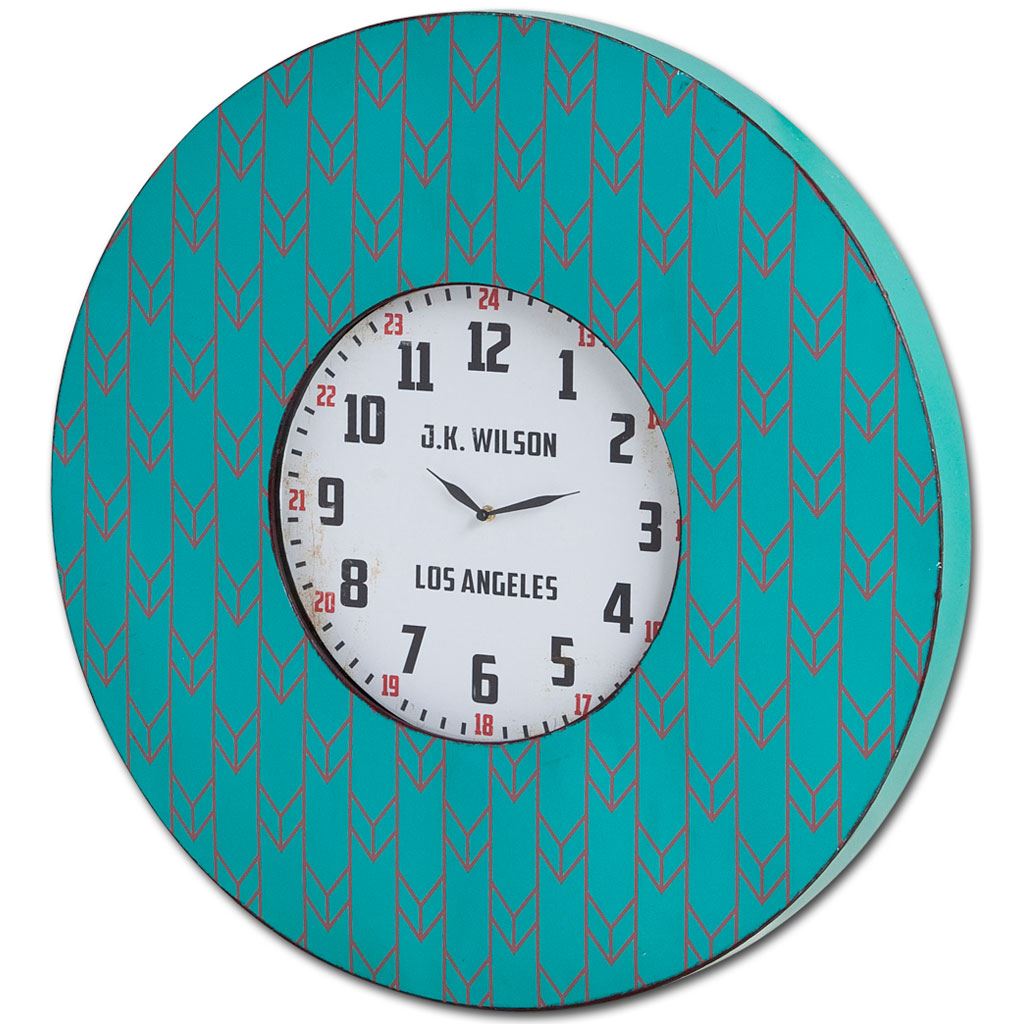 33" Oversize Contemporary Teal and Red Wall Clock w/ Dense Pattern and "JK Wilson Los Angeles"
