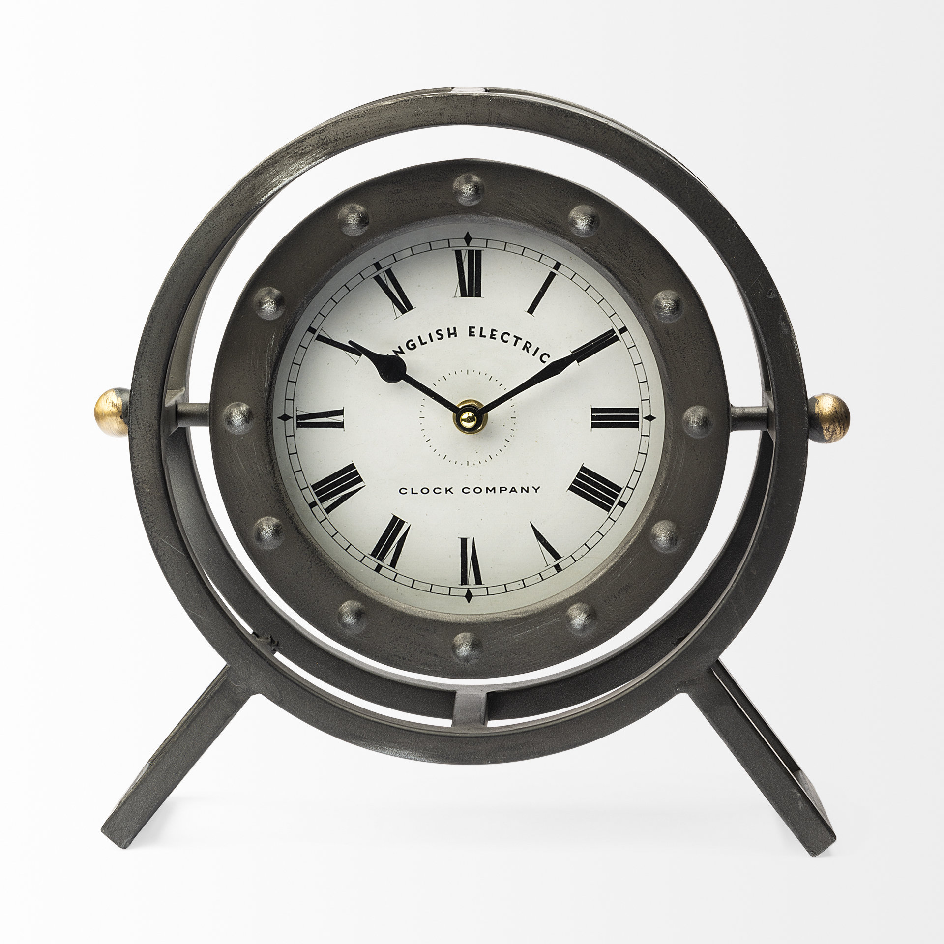 Gray Metal Circular Desk / Table Clock w/ Rivet Detail Frame