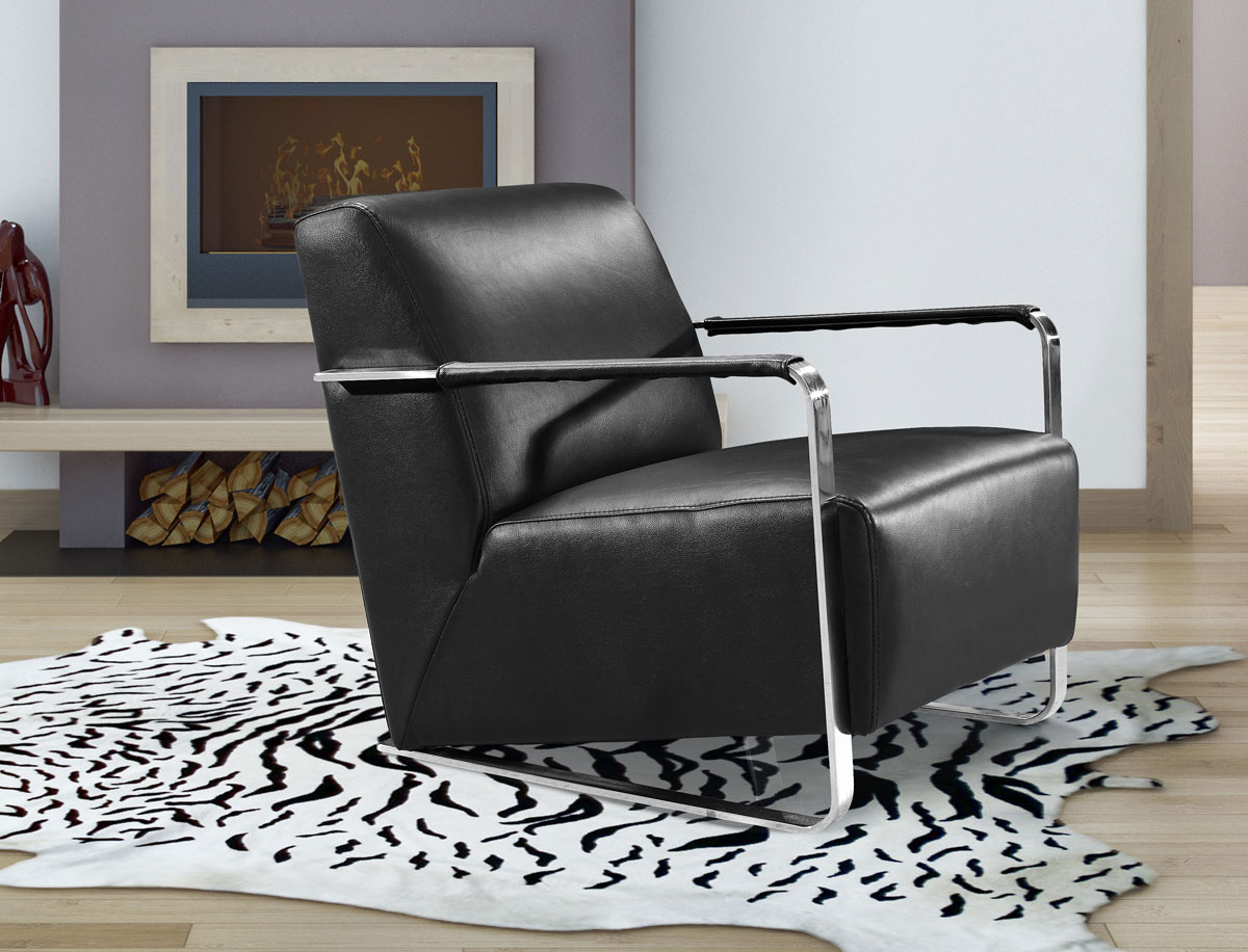 28" Black Leather Foam and Stainless Steel Lounge Chair