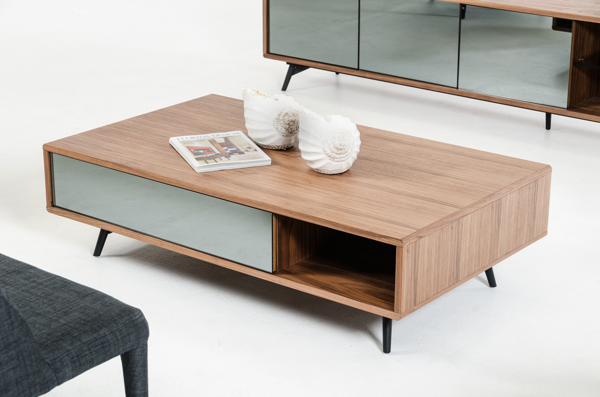 13" Walnut Veneer Metal and Glass Coffee Table