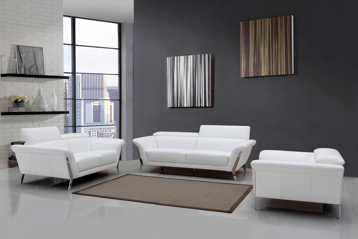 48" White Leather and Steel Sofa Set