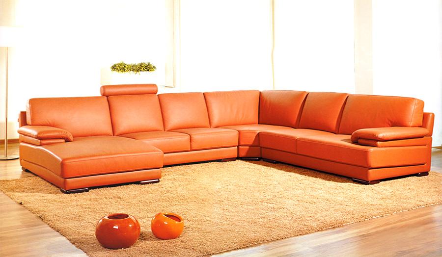 39" Orange Leather and Wood Sectional Sofa