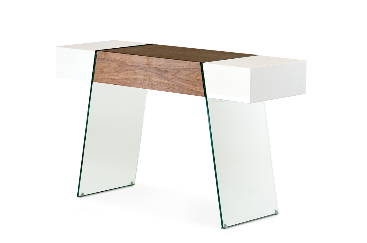 29" White and Walnut Veneer MDF and Glass Floating Console Table