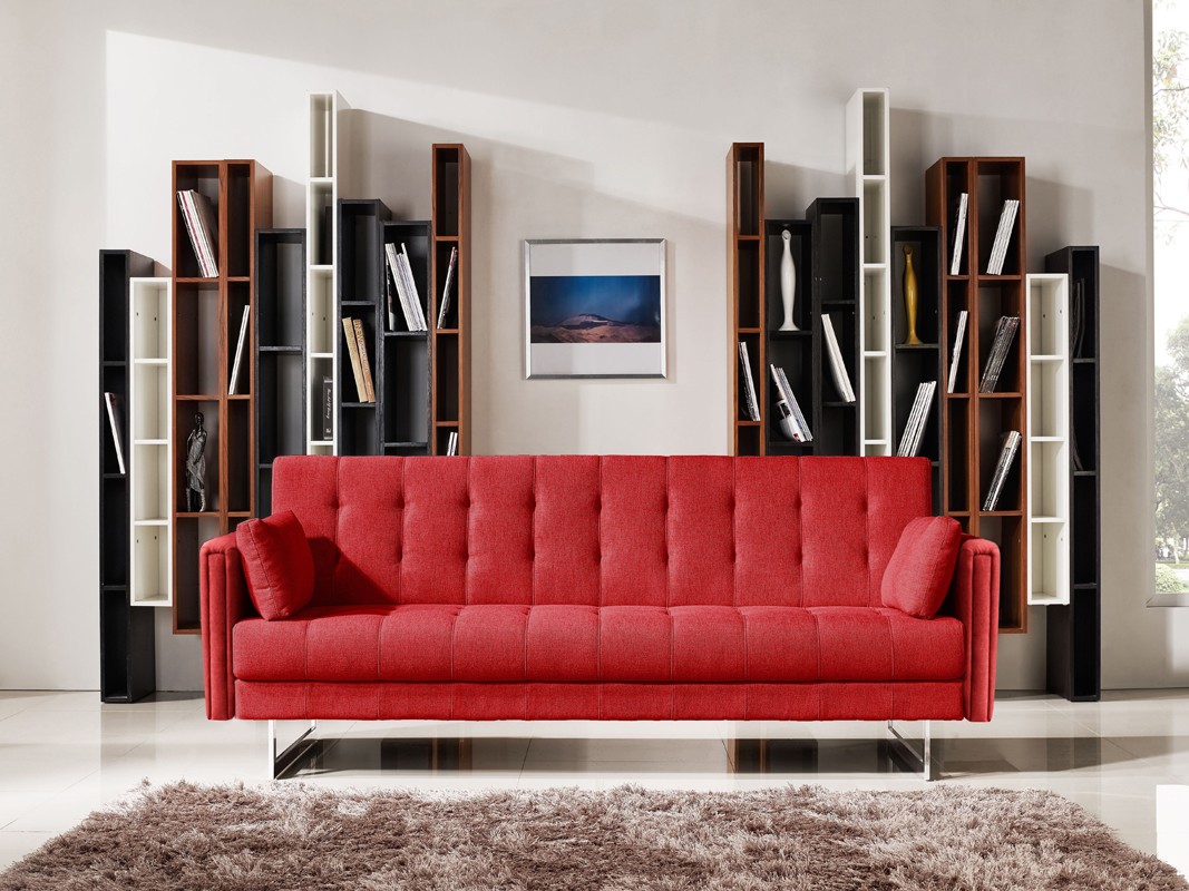 35" Red Fabric Foam Wood and Steel Sofa Bed