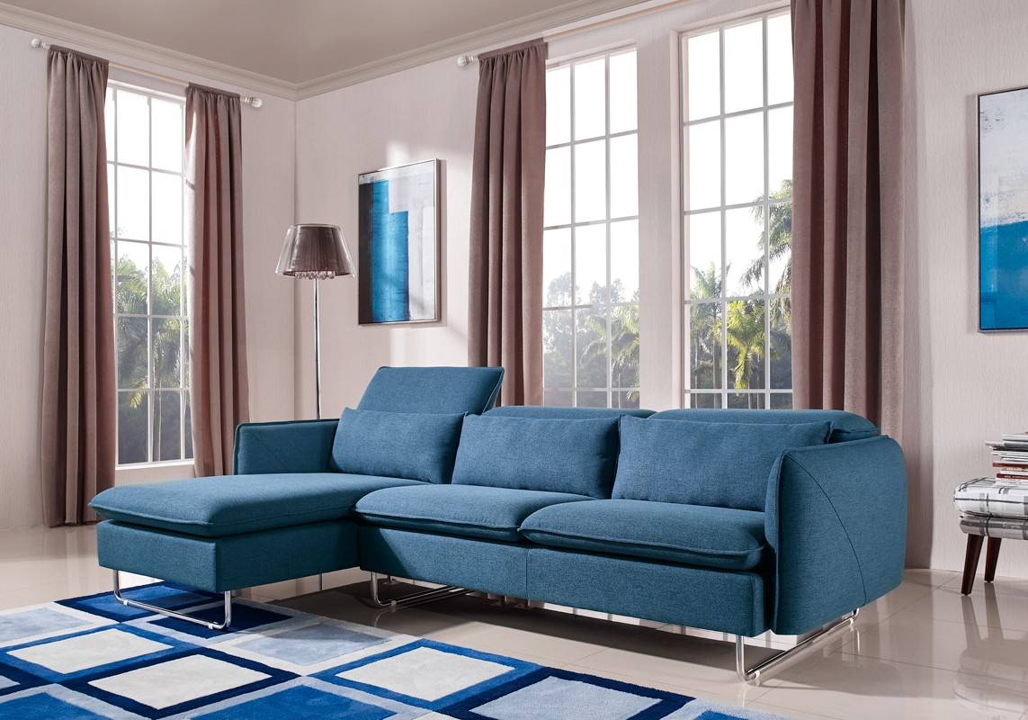 37" Blue Fabric Foam Wood and Steel Sectional Sofa