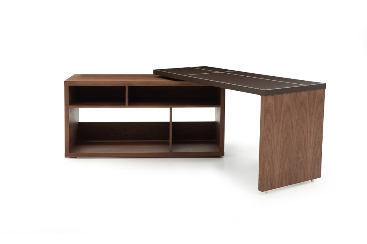 29" Walnut and Brown Veneer L-Shaped Desk with a Leather Top