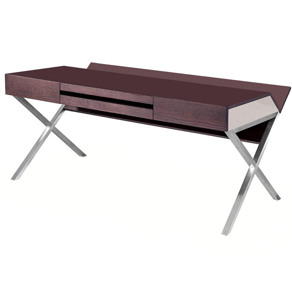 30" Brown Oak and Grey Veneer and Stainless Steel Office Desk