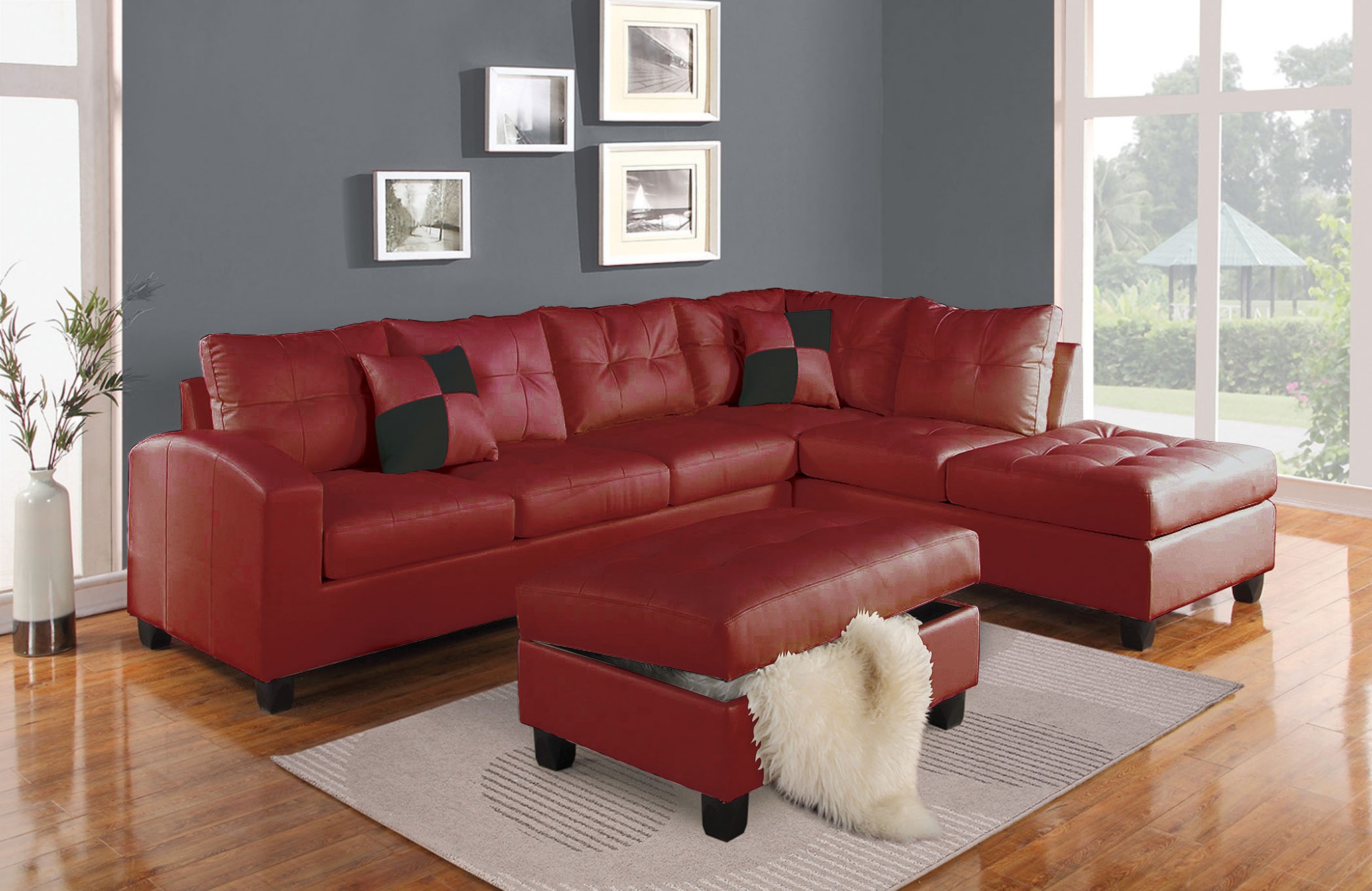 78" X 33" X 34" Red Bonded Leather Reversible Sectional Sofa With 2 Pillows