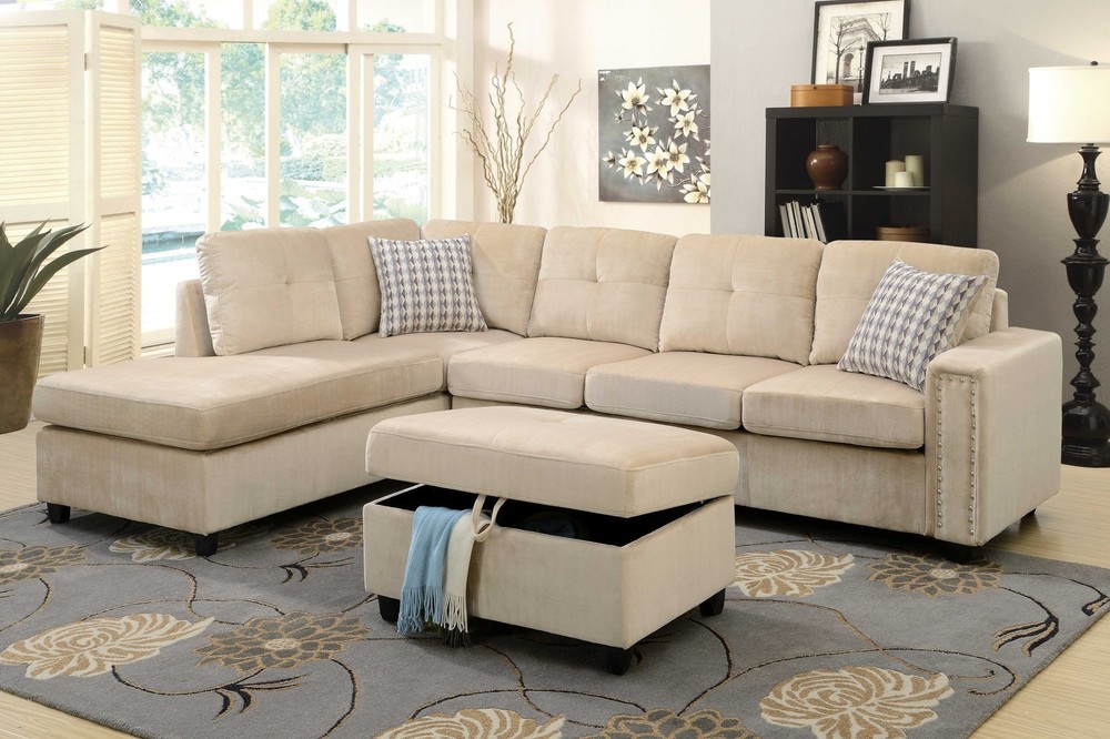 78" X 33" X 36" Beige Velvet Reversible Sectional Sofa With Pillows