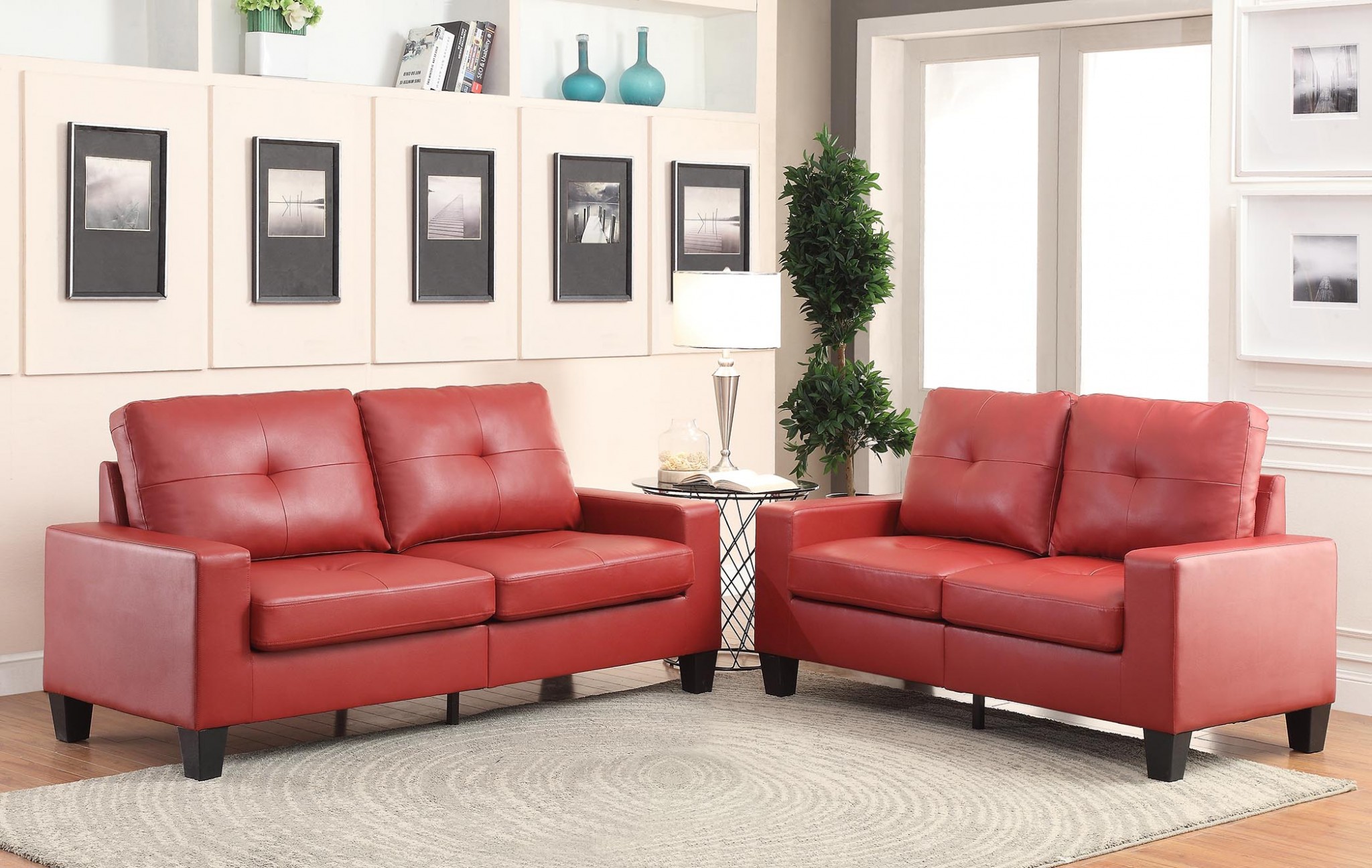 71" Red Pu Platinum Sofa And Loveseat