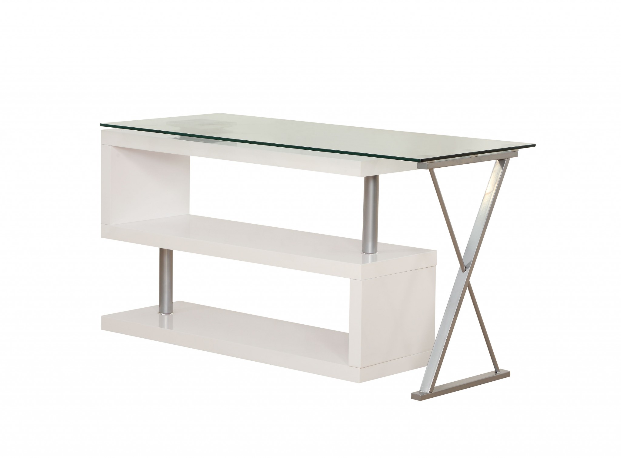 55" X 47" X 30" White High Gloss & Clear Glass Office Desk