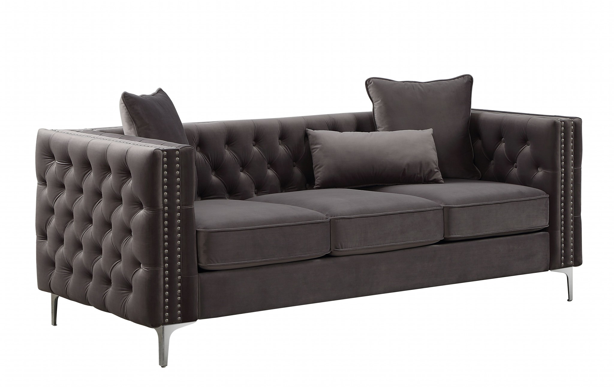 86" X 34" X 30" Dark Gray Velvet Sofa w/3 Pillows