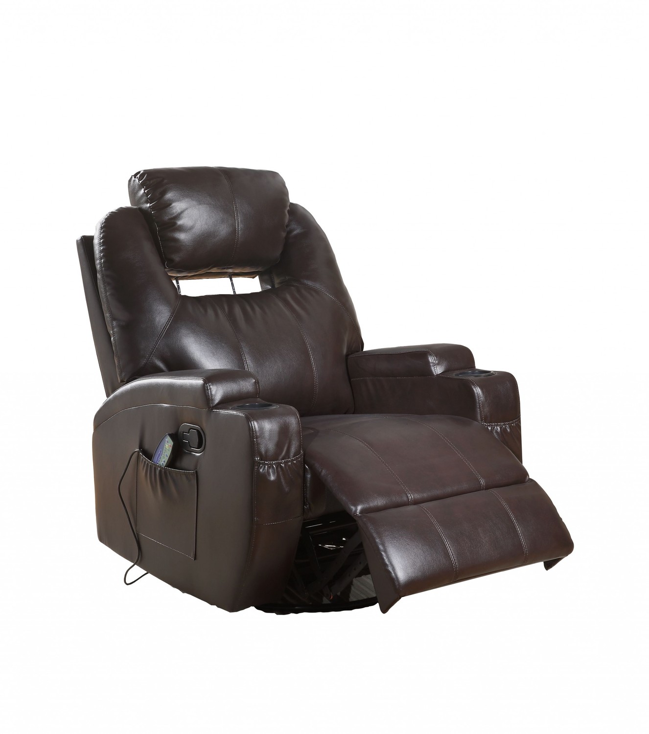 34" X 37" X 41" Brown Bonded Leather Match Swivel Rocker Recliner With Massage