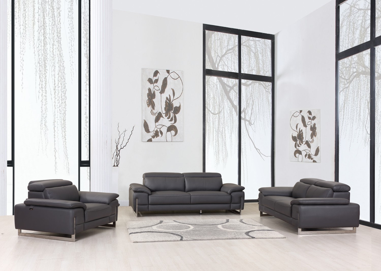 93" Tasteful Dark Grey Leather Sofa Set