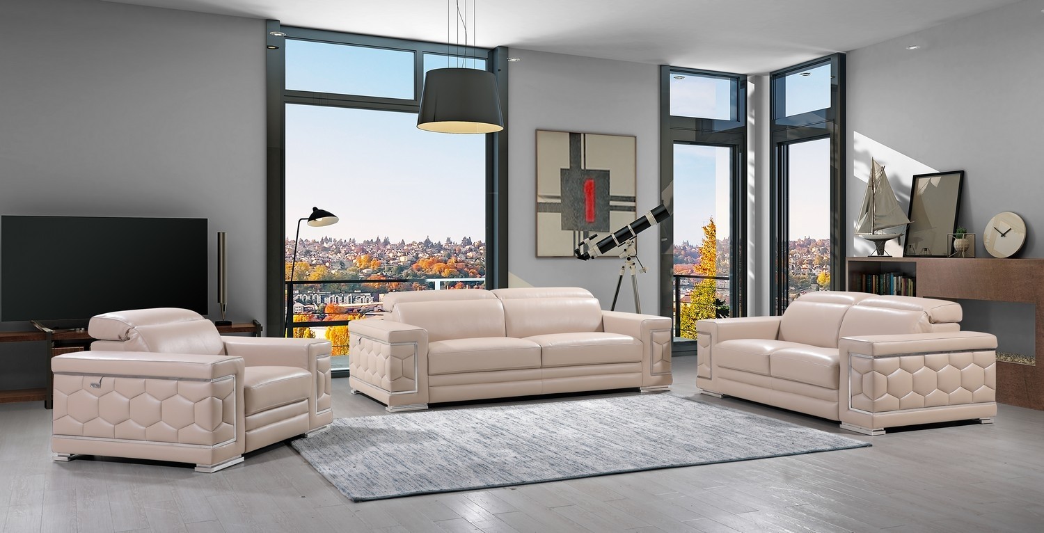 114" Modern Beige Leather Sofa Set