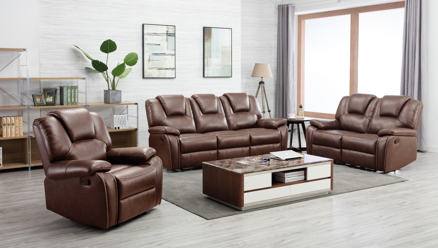 84" X 38" X 40" Modern Brown Leather Sofa Set